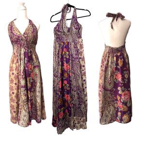 Solitaire Vintage Boho Halter Practical Magic Hippie Gauzy Maxi Dress Large NEW